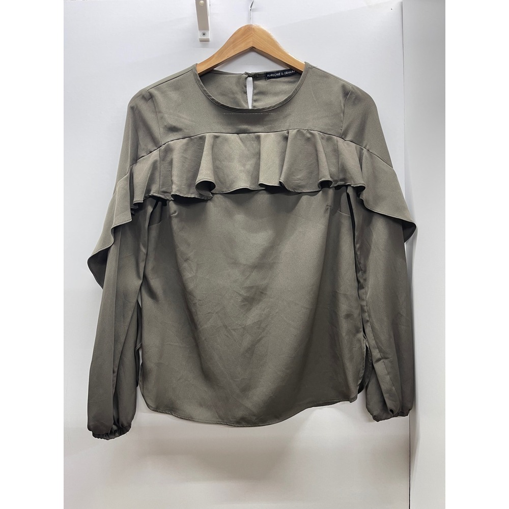 Harlowe & Graham Olive Green Ruffle Long Sleeve Blouse Keyhole Back Top Sz M
